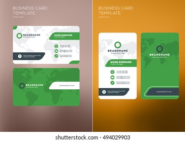 Corporate Business Card Print Template. Personal Visiting Card With Company Logo. Vertical And Horizontal Business Card Templates. Black And Green Color Theme. Business Card Mockup