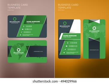 Corporate Business Card Print Template. Personal Visiting Card With Company Logo. Vertical And Horizontal Business Card Templates. Black And Green Color Theme. Business Card Mockup