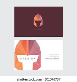 Corporate business card template mockup with ancient warrior helmet logo design in low polygon style