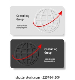 Corporate Business card template with volume world icon with red increasing arrow, business consulting card template