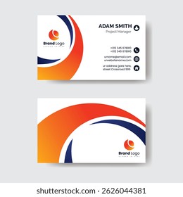 Corporate Business Card with Wave Design, Professional card with red-orange wave accents and circular design elements on a white base.