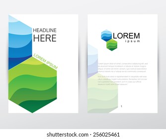 corporate business company brochure cover and letterhead design template mockup with two connected hexagon polygons in green and blue shades