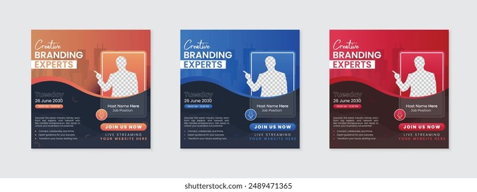 Corporate business conference meeting social media post set for digital marketing agency, live webinar modern post template bundle, creative and modern invitation editable square banner