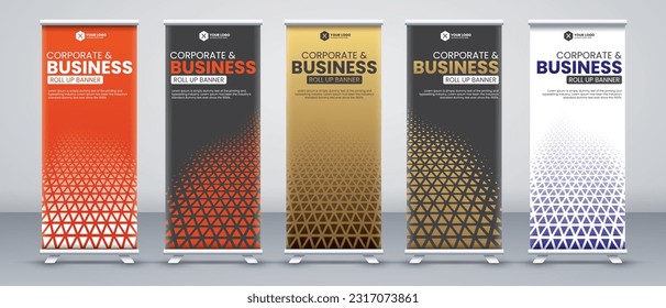 Corporate business conference roll up banner designs for x stand with luxury and eye catchy orange, black, gold and white colors