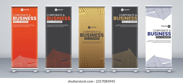 Corporate business conference roll up banner designs for x stand with luxury and eye catchy orange, black, gold and white colours with modern abstract shapes