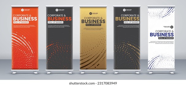 Corporate business conference roll up banner designs for x stand with luxury and eye catchy orange, black, gold and white colours with modern abstract shapes