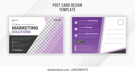 Corporate business or digital marketing agency postcard template with purple gradient color geometric shapes and white background