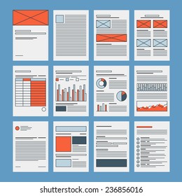 Corporate Business Documents Template, Company Presentation Files Layout, Financial Data And Marketing Research Abstract Papers. Flat Design Icon Set Modern Vector Illustration Concept.