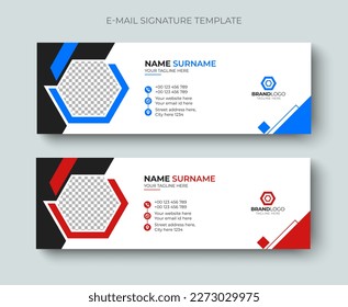 Corporate business Email signature or email footer and personal social media cover template. Professional business email signature design blue and red color.