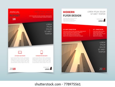 Corporate business flyer design, cover or report with place for text. Black and red Vector template of brochure with picture with skyscrapers. Brochure concept in A4 size.