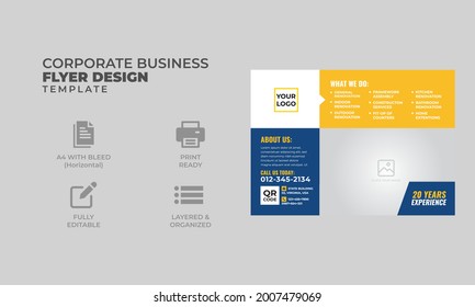 Corporate business flyer design template blue, yellow and white layout