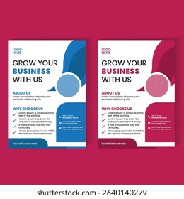 Corporate business flyer layout with clean, professional design in two color variations – red and blue. Includes bold headline, service highlights, and contact information section.