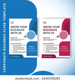 Corporate business flyer layout with clean, professional design in two color variations – red and blue. Includes bold headline, service highlights, and contact information section.