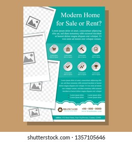 Corporate Business Flyer Poster Pamphlet Brochure Cover Design Layout Background, Two Colors Scheme, Vector Template In A4 Size. Photo Collage, Space For Photo, Tosca Or Green Color. Brown Background