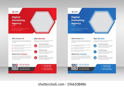 Corporate business flyer template design set with blue and red color. marketing, business proposal, promotion, advertise, publication, cover page. digital marketing agency flyer design.