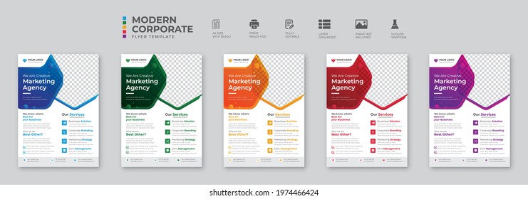 Corporate business flyer template design set with blue, magenta, red and yellow color. marketing, business proposal, promotion, advertise, publication, cover page.