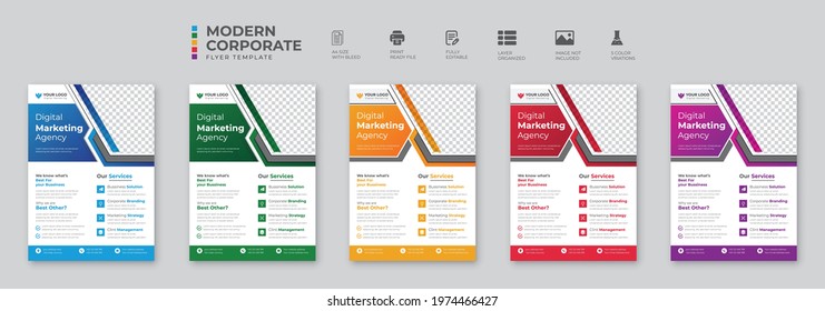 Corporate business flyer template design set with blue, magenta, red and yellow color. marketing, business proposal, promotion, advertise, publication, cover page.