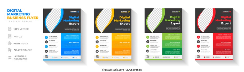 Corporate business flyer template design set with blue, yellow, red and green color. digital marketing agency flyer, business marketing flyer set, grow your business digital marketing new flyer.