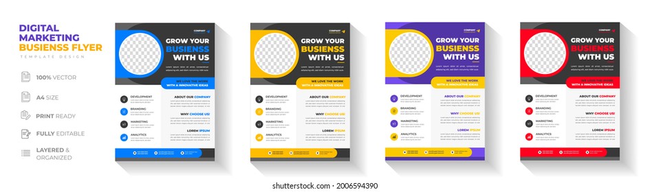 Corporate business flyer template design set with blue, yellow, red and purple color. digital marketing agency flyer, business marketing flyer set, grow your business digital marketing new flyer.