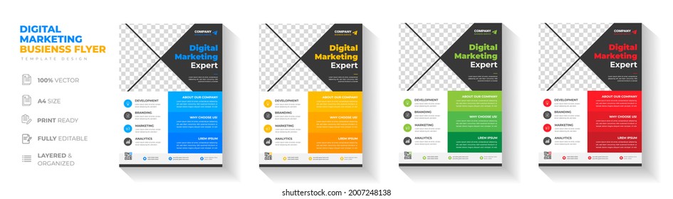 Corporate business flyer template design set with blue, yellow, red and green color. digital marketing agency flyer, business marketing flyer set, grow your business digital marketing new flyer.