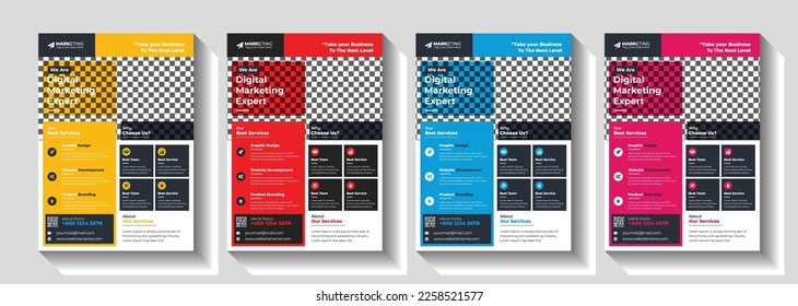Corporate business flyer template design set with blue, orange, red and yellow color. marketing, business proposal, promotion, advertise, publication, cover page. new digital marketing flyer set.