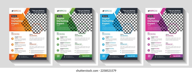 Corporate business flyer template design set with blue, orange, red and yellow color. marketing, business proposal, promotion, advertise, publication, cover page. new digital marketing flyer set.