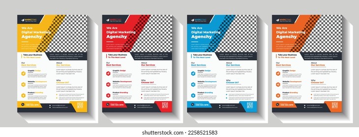 Corporate business flyer template design set with blue, orange, red and yellow color. marketing, business proposal, promotion, advertise, publication, cover page. new digital marketing flyer set.