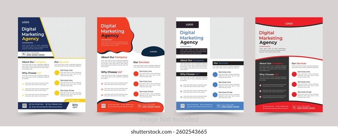 Corporate business flyer template design set with blue, orange, red and yellow color. marketing, business proposal, promotion, advertise, publication, cover page. new digital marketing flyer set.