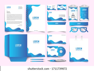 Corporate Business Identity template design, trendy corporate stationery set with element of decorative. Modern abstract business card, letterhead, id card, paper bag, folder design vector eps.