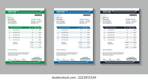 Corporate business invoice and customer cash memo design template. business bill from the price invoice template. business payment agreement and Quotation design with 3 colors. 