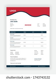 Corporate business invoice design for accountants red & black color vector template