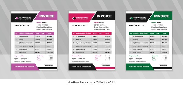 Corporate and business invoice design template design, Company invoice template with price receipt, payment agreement, invoice bill, 
accounting, bill receipt with 3 colors 