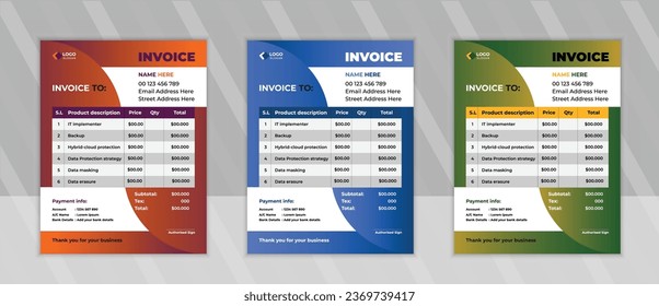 Corporate and business invoice design template design, Company invoice template with price receipt, payment agreement, invoice bill, 
accounting, bill receipt with 3 colors 