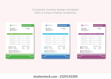 Corporate Business Invoice design vector illustration bill form price invoice with 3 color theme