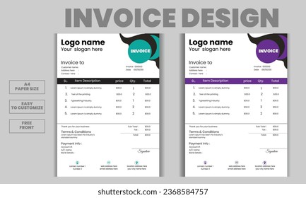 Corporate business Invoice template design and money bill paper, bill paper, bundle design templet a4 size paper, editable design,free front   