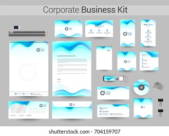 Corporate Business Kit with blue waves including Letter Head, Business Card, Web Banner or Header, Notepad, CD, USB Flash Drive, Envelope and other elements.
