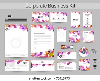 Corporate Business Kit with colorful abstract element. Branding templates including Letter Head, Business Card, Web Banner or Header, Notepad and Envelope etc.