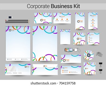 Corporate Business Kit with colorful circles including Letter Head, Business Card, Web Banner or Header, Notepad, CD, USB Flash Drive and Envelope.