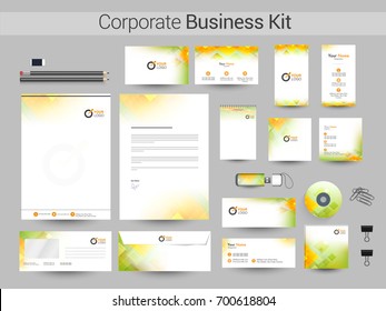 Corporate Business Kit with green and yellow abstract design. Branding templates including Letter Head, Business Card, Web Banner or Header and other elements.