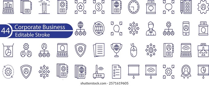 Corporate Business line icons. Integrity, Empathy and Strategy. Vision, Social Responsibility, Commitment, Environmentalism icons. Personal Growth, Innovation, Family, Problem Solving. Full Vector