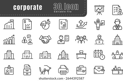 Corporate Business Line Icons Set Office Management, Strategy Planning, Teamwork, Leadership, Company Growth Symbols in Minimal Style