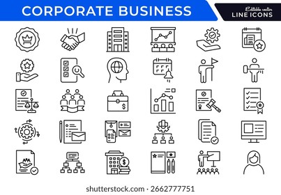 Conjunto de iconos lineales de negocios Corporativas. Oficina, equipo, dirección, reunión, estrategia, empleado, administración, éxito, maletín, gráfico, sociedad, inicio, conjunto de iconos de Vector de lugar de trabajo. Paquete de líneas finas de interfaz de usuario