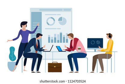 Corporate business manager explaining quarter report data to directors board. Financial results presentation standing in front of projecting screen. Flat style vector illustration isolated on white.