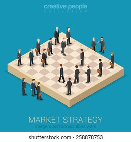 Corporate business market strategy flat style 3d isometric design vector illustration infographics concept. Businessmen are figures on chessboard playing real life game. Creative people collection.