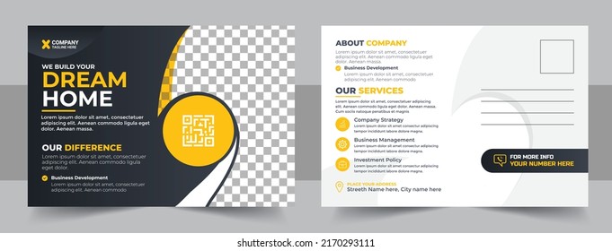 Corporate business or marketing agency postcard template, Real Estate Agent and Construction Business Postcard Template. Home For Sale Postcard. Real Estate Postcard Design Template Vector