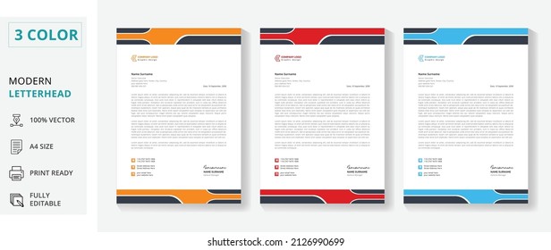 corporate business modern letterhead design template bundle. Blue, orange and red Abstract Letterhead Design