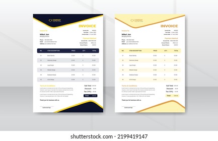 Corporate business modern and professional minimal invoice design template. Creative invoice format for bill form price. Business stationery design payment agreement design print ready.