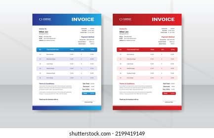Corporate business modern and professional minimal invoice design template. Creative invoice format for bill form price. Business stationery design payment agreement design print ready.