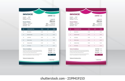 Corporate business modern and professional minimal invoice design template. Creative invoice format for bill form price. Business stationery design payment agreement design print ready.