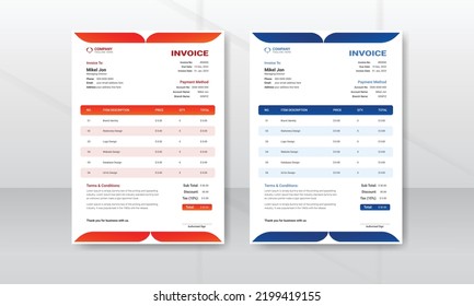 Plantilla de diseño de facturas mínimo profesional y moderno para empresas. Formato de factura creativo para el precio del formulario de factura. Diseño de papelería comercial de pago de acuerdo de pago listo para imprimir.